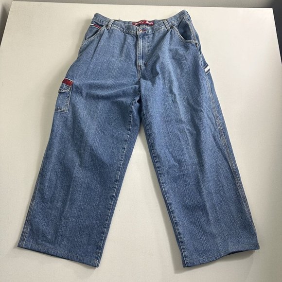 Vintage Tommy Hilfiger Carpenter Jeans 36x26 Logo Flag Wide Leg Baggy‎ Skater - Picture 1 of 16